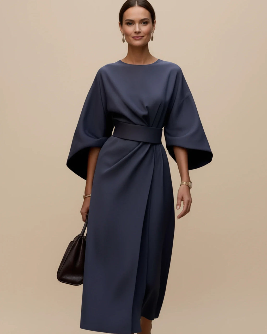 Lantern sleeve belted wrap midi dress in navy, front view