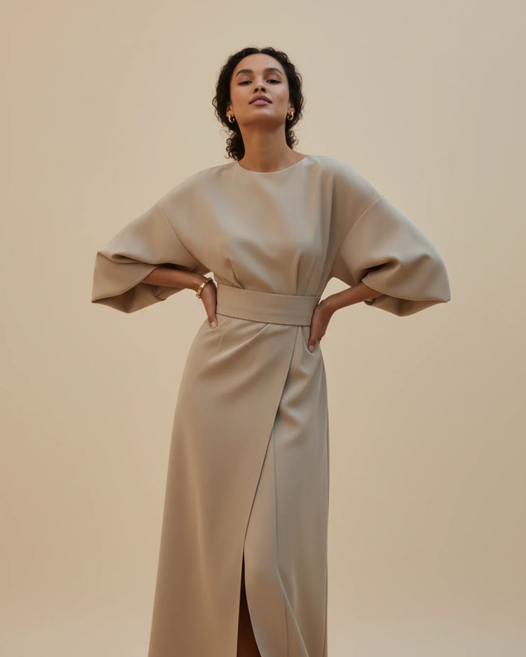 Lantern Sleeve Belted Wrap Midi Dress