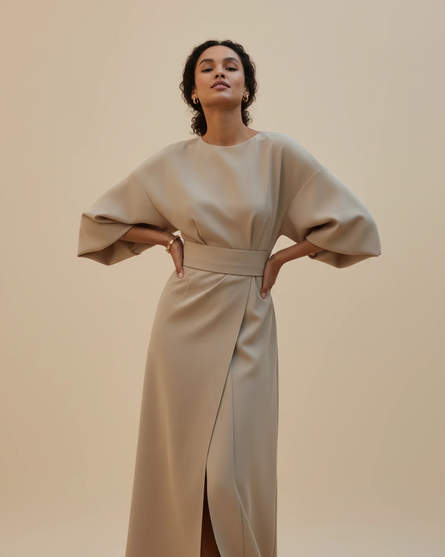 Lantern Sleeve Belted Wrap Midi Dress