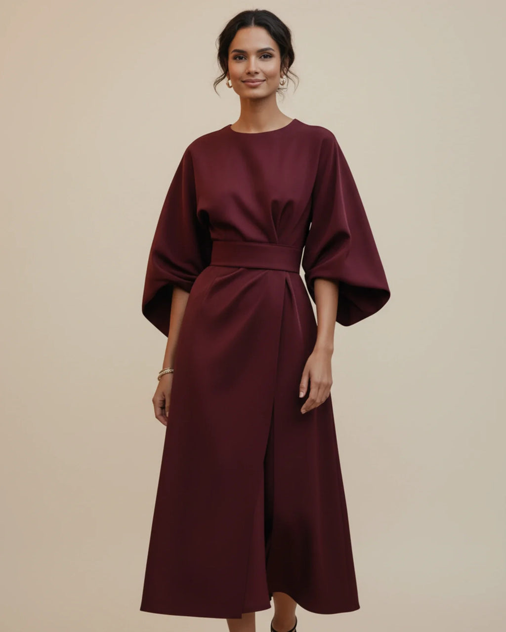 Women's burgundy lantern sleeve belted wrap midi dress – summer occasion