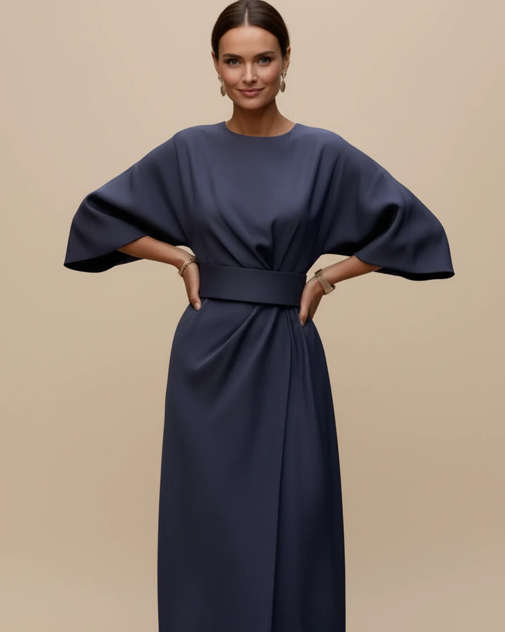 Lantern sleeve wrap midi dress in navy, side view