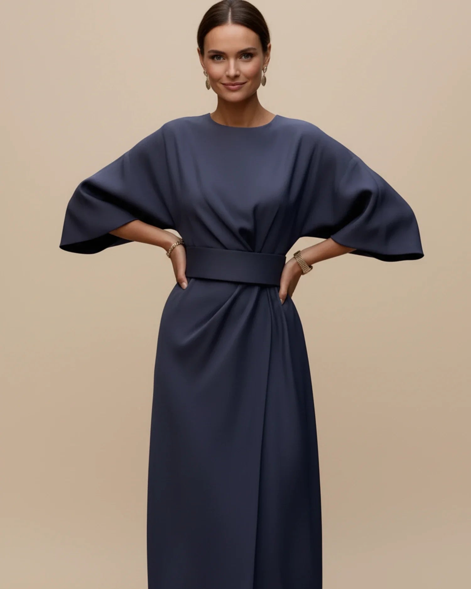 Lantern sleeve wrap midi dress in navy, side view