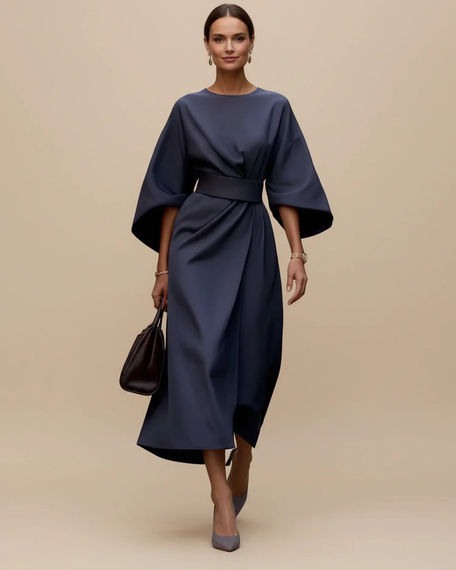 Lantern sleeve wrap midi dress in navy, back view