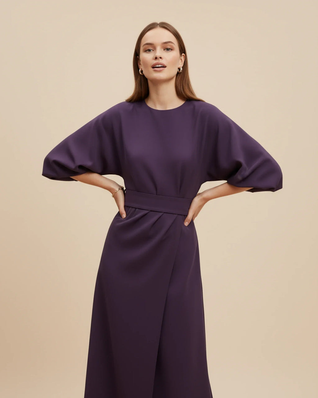 Lantern sleeve wrap midi dress in violet, side view