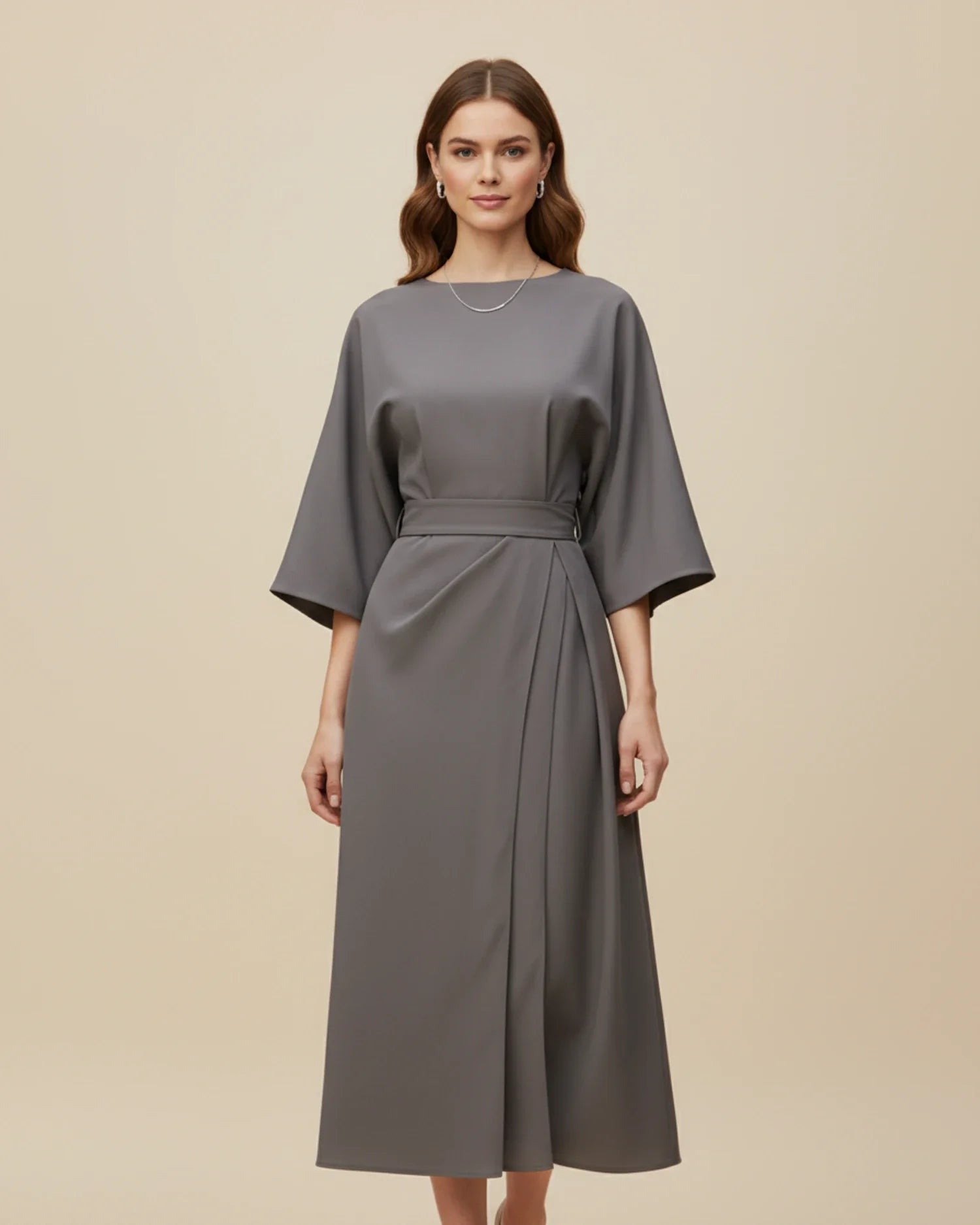 Women's grey lantern sleeve belted wrap midi dress – overlap skirt
