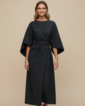 Lantern sleeve belted wrap midi dress in black, front view