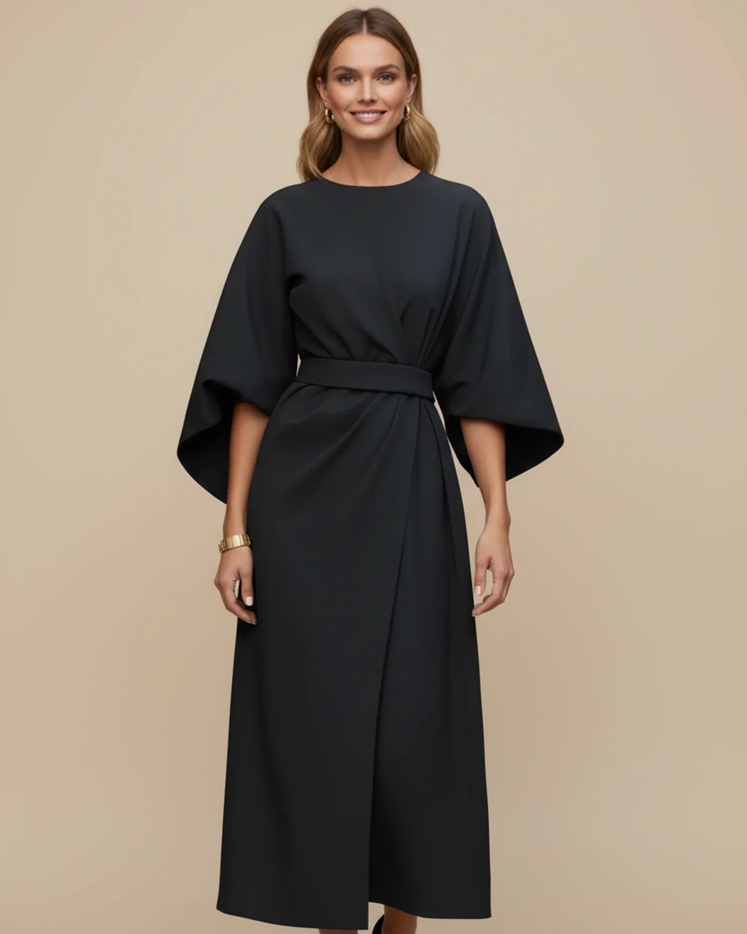 Lantern sleeve belted wrap midi dress in black, front view