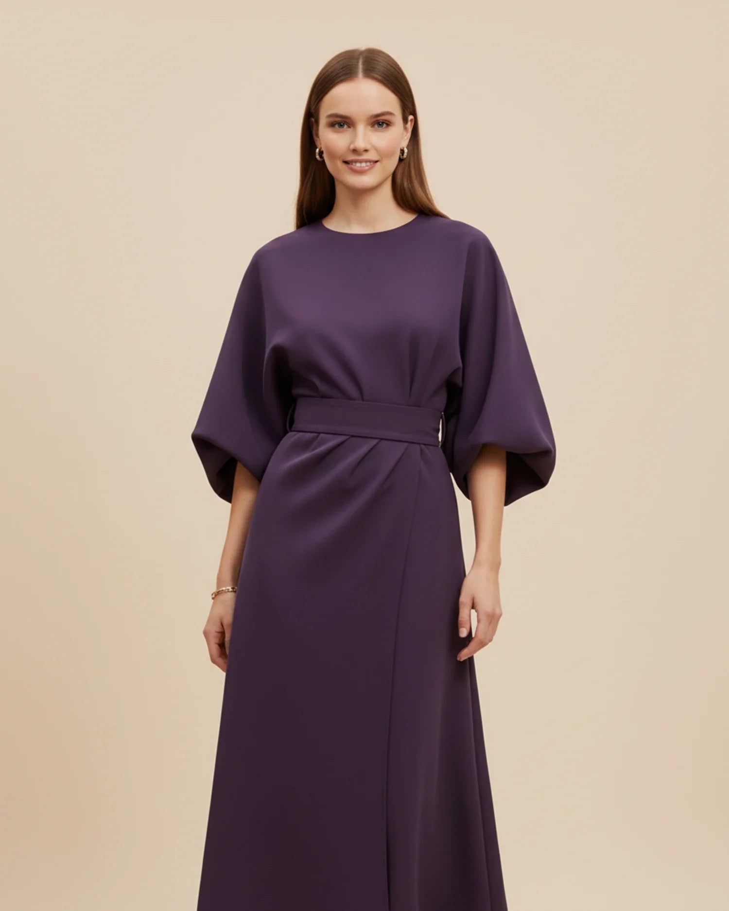 Lantern sleeve belted wrap midi dress in violet, front view