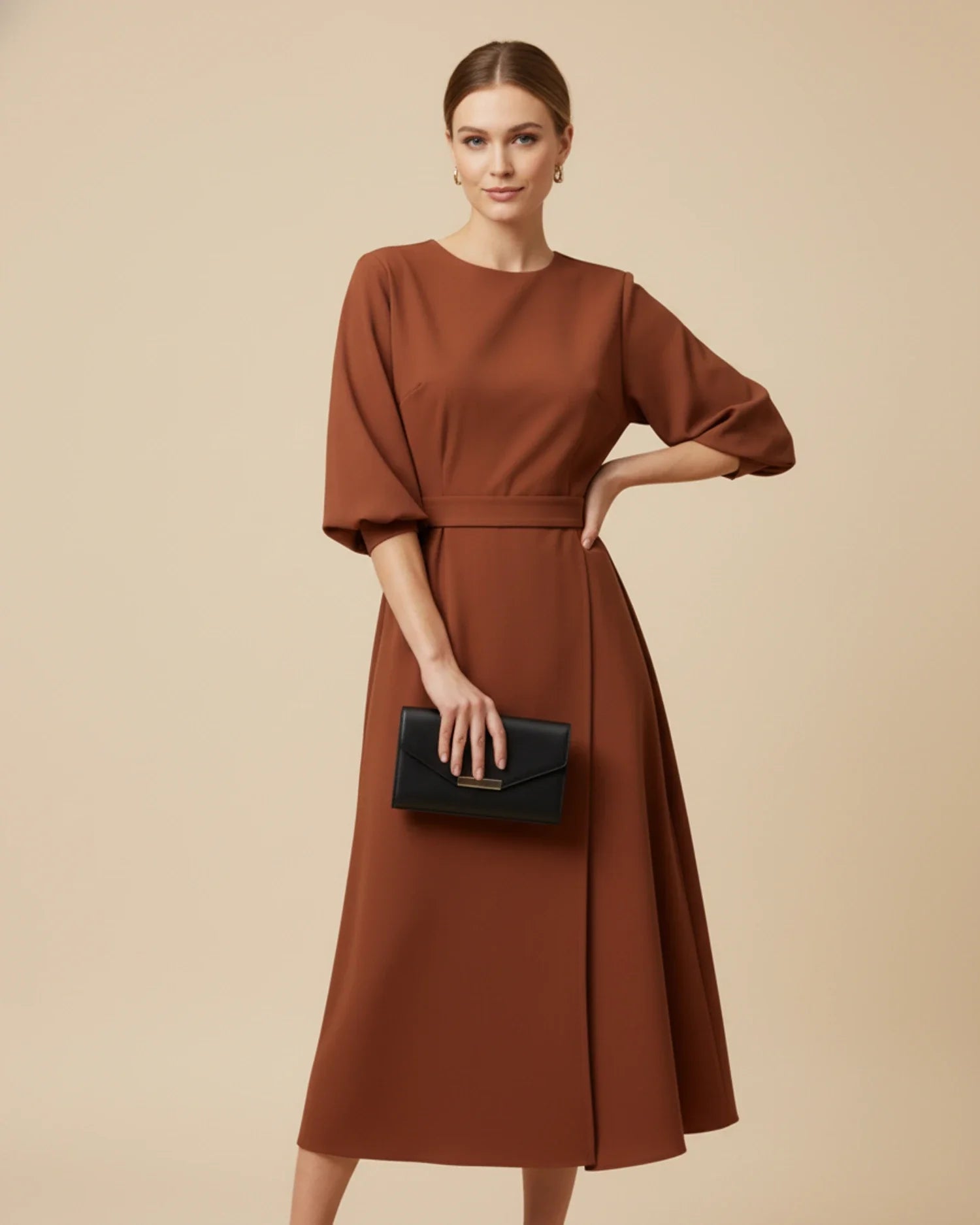 Rust brown lantern sleeve midi dress for women – belted wrap style
