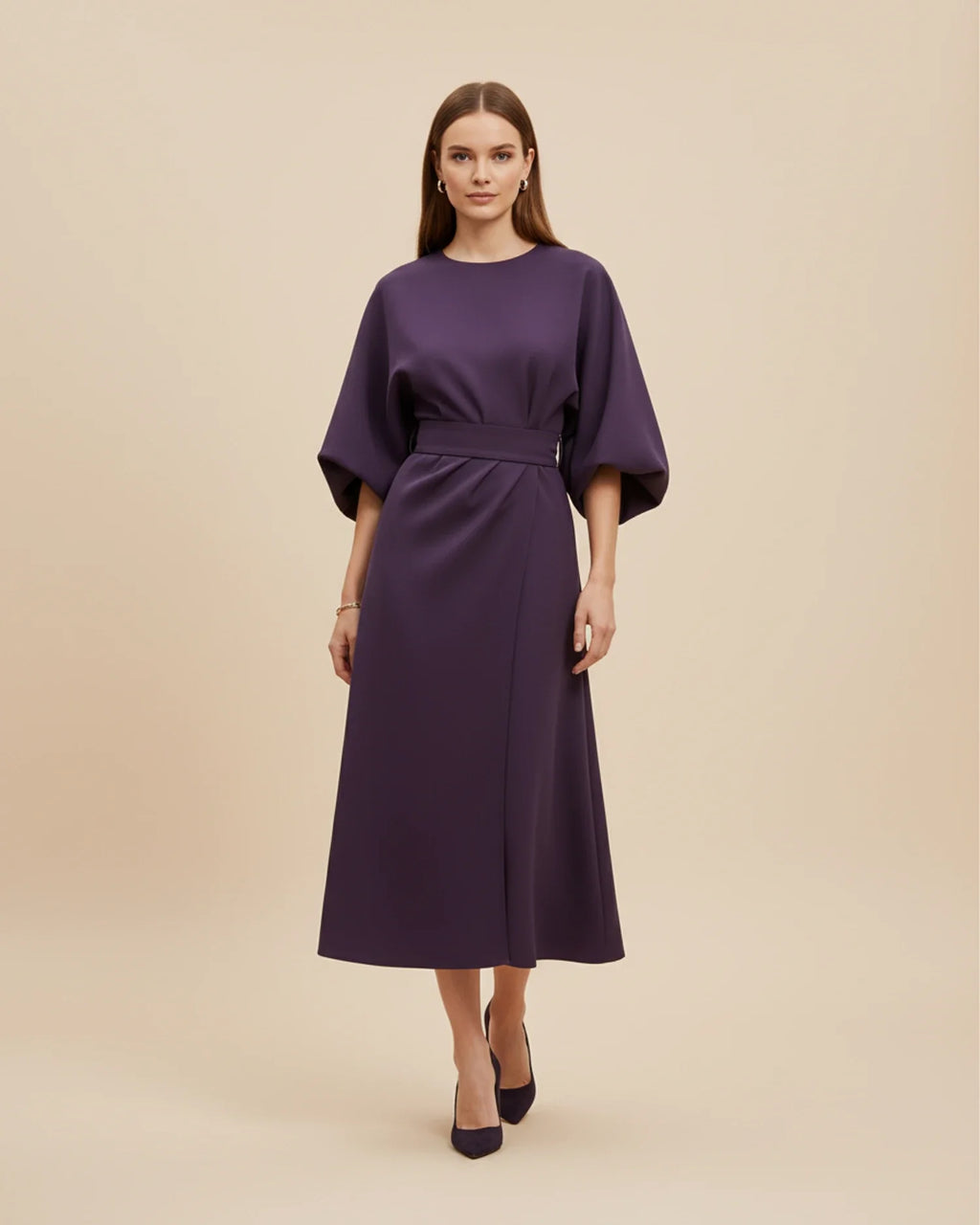 Lantern sleeve wrap midi dress in violet, back view
