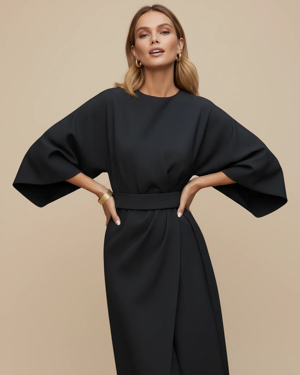 Lantern sleeve wrap midi dress in black, belted waist side view