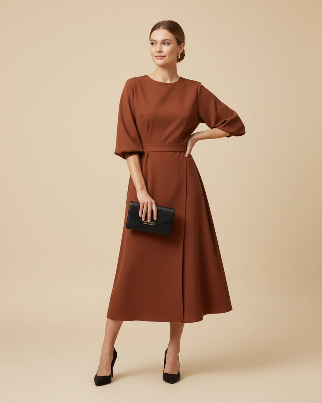 Rust brown lantern sleeve midi dress for women – belted wrap style