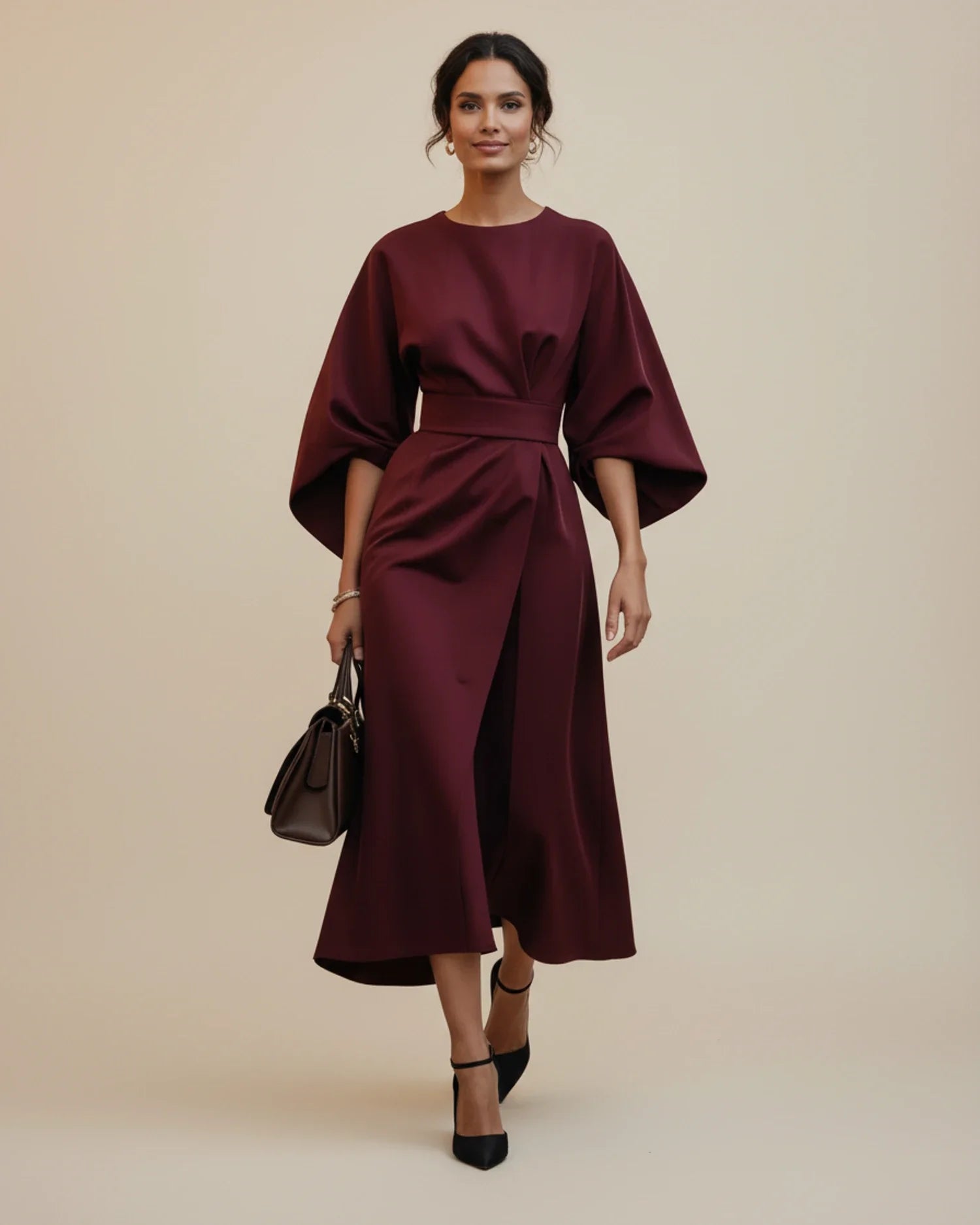 Women's burgundy lantern sleeve belted wrap midi dress – summer occasion