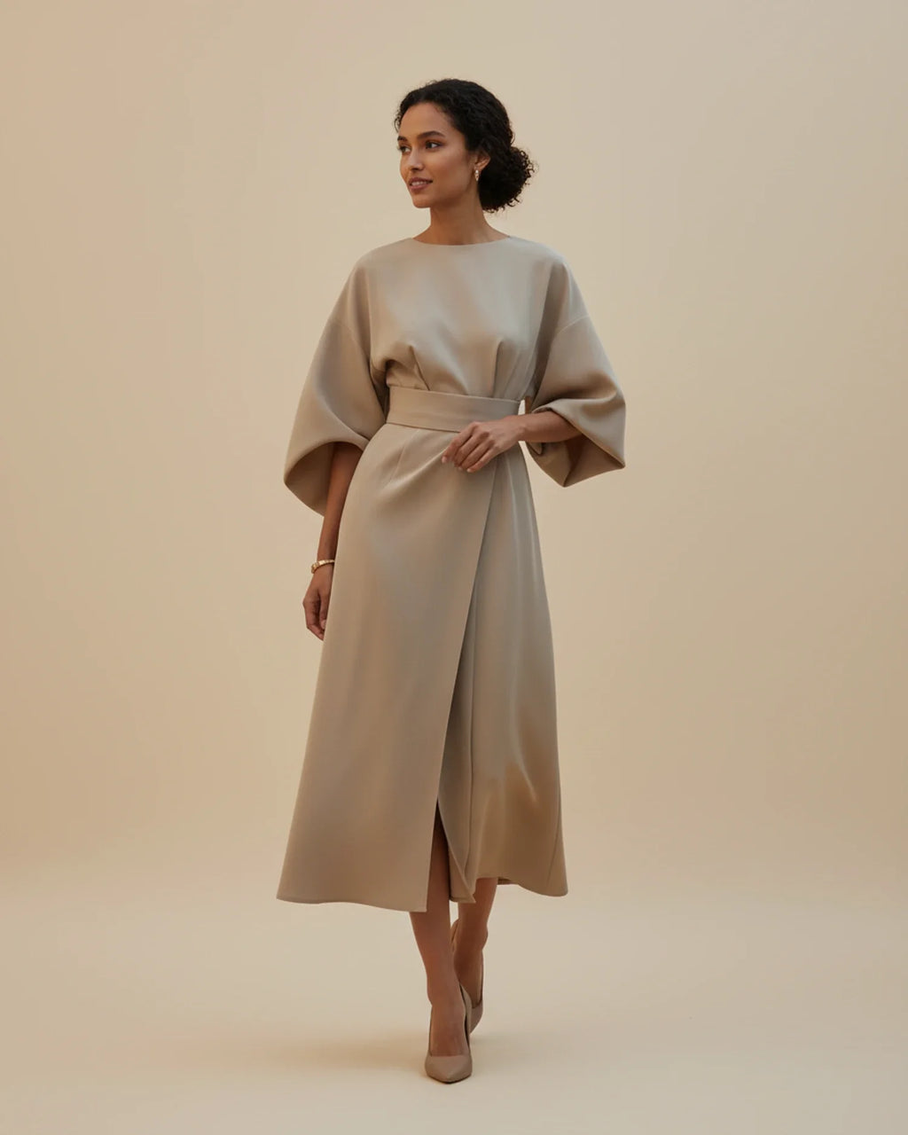Lantern Sleeve Belted Wrap Midi Dress