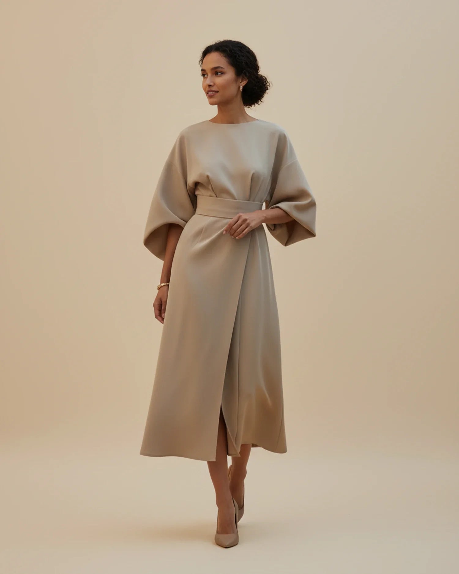 Lantern Sleeve Belted Wrap Midi Dress