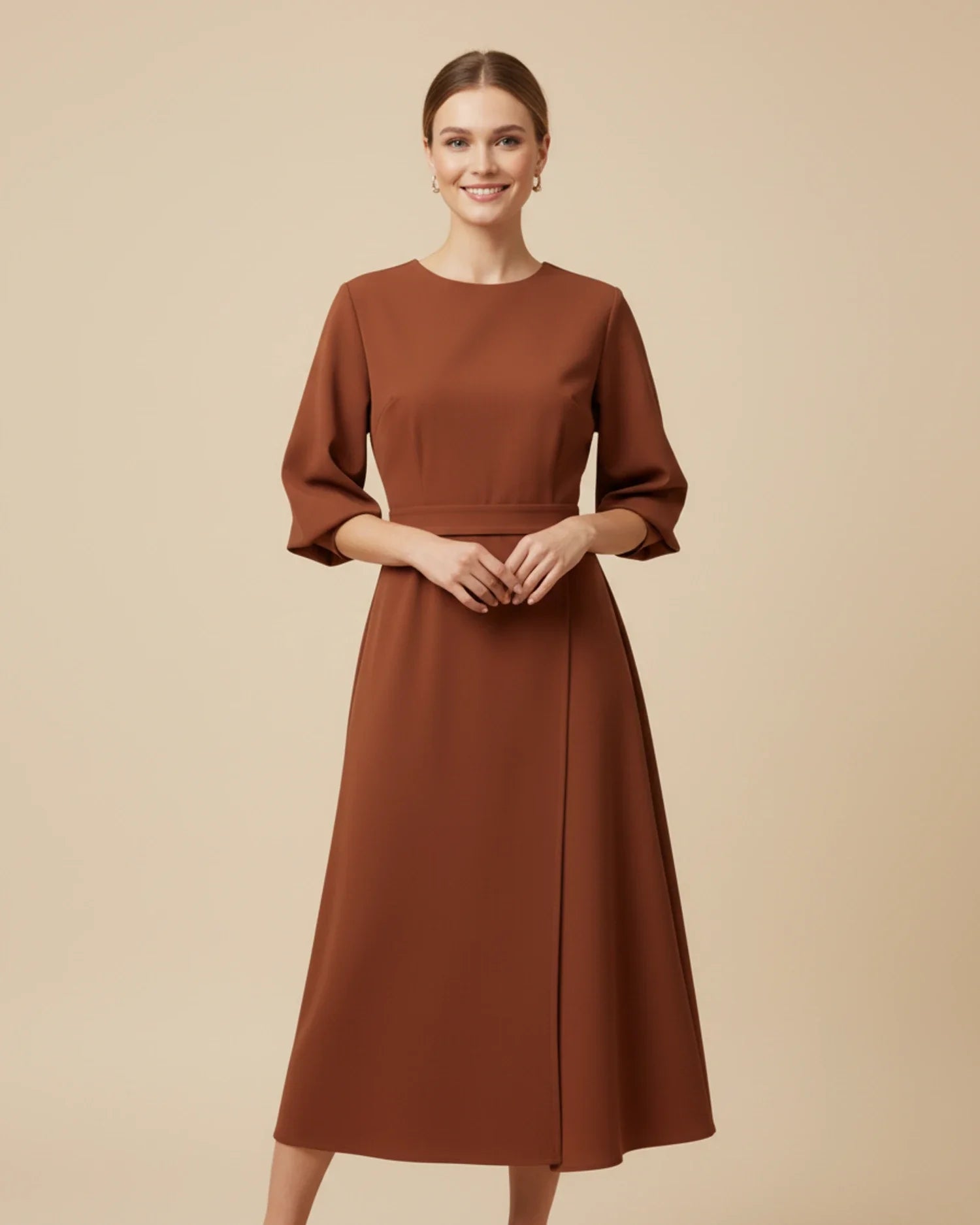 Rust brown lantern sleeve midi dress for women – belted wrap style