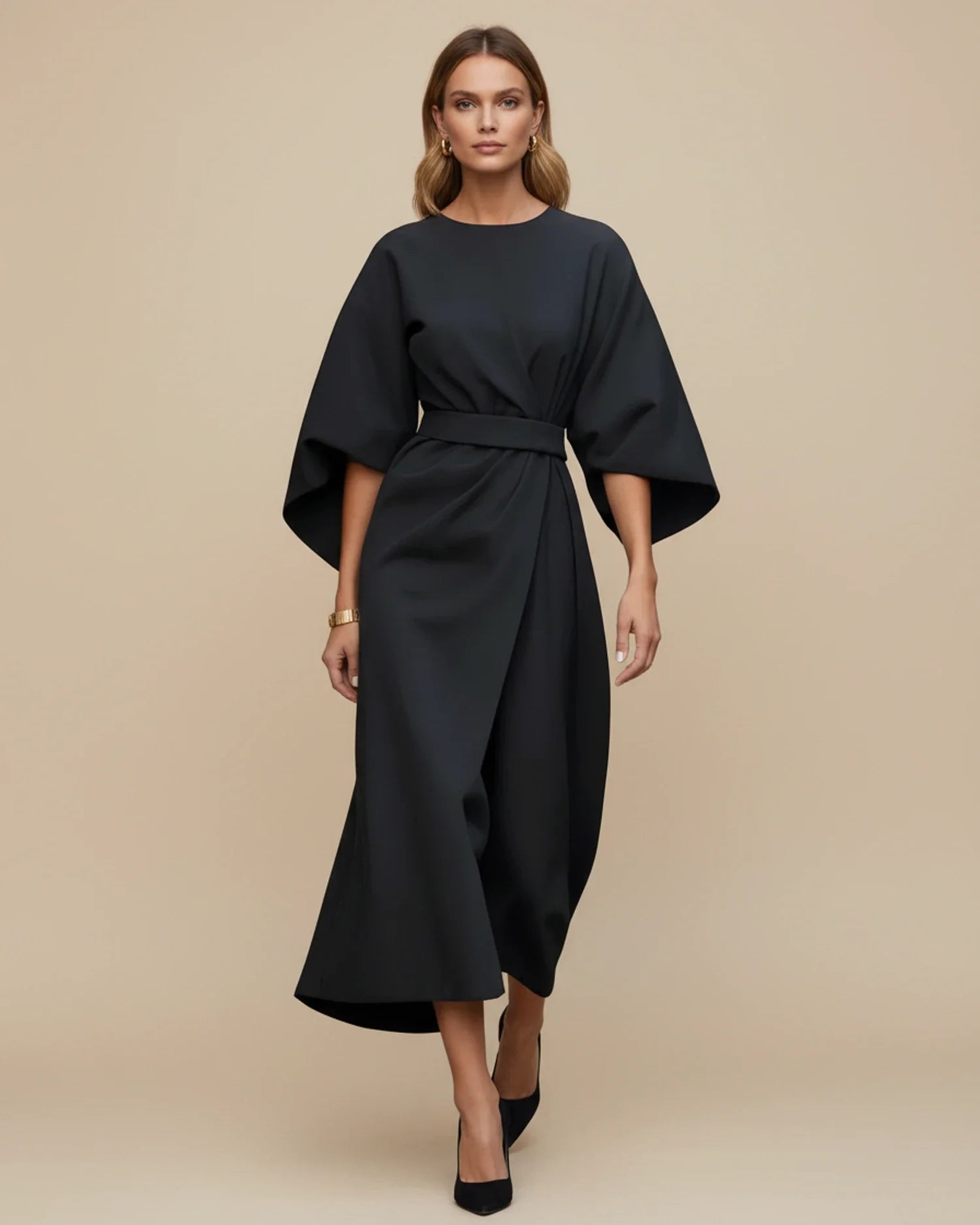 Lantern sleeve wrap midi dress in black, back view