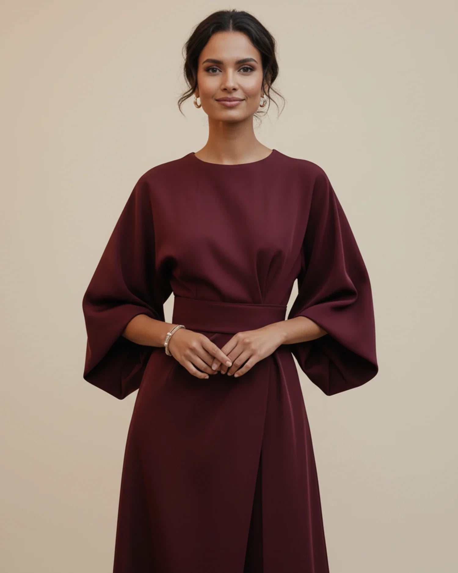 Women's burgundy lantern sleeve belted wrap midi dress – summer occasion
