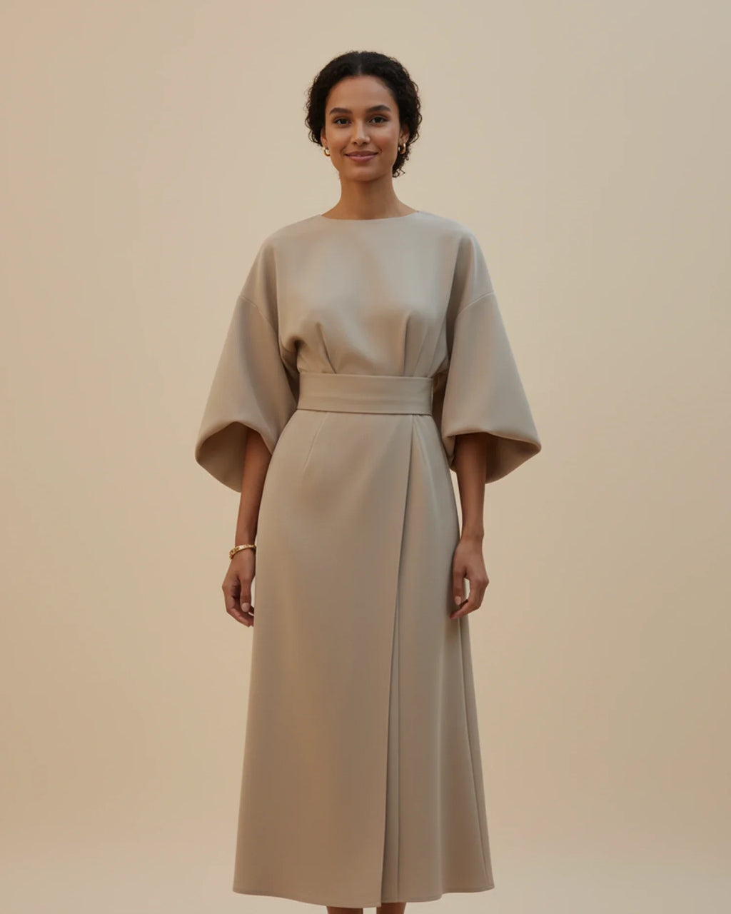 Lantern sleeve belted wrap midi dress in beige, front view