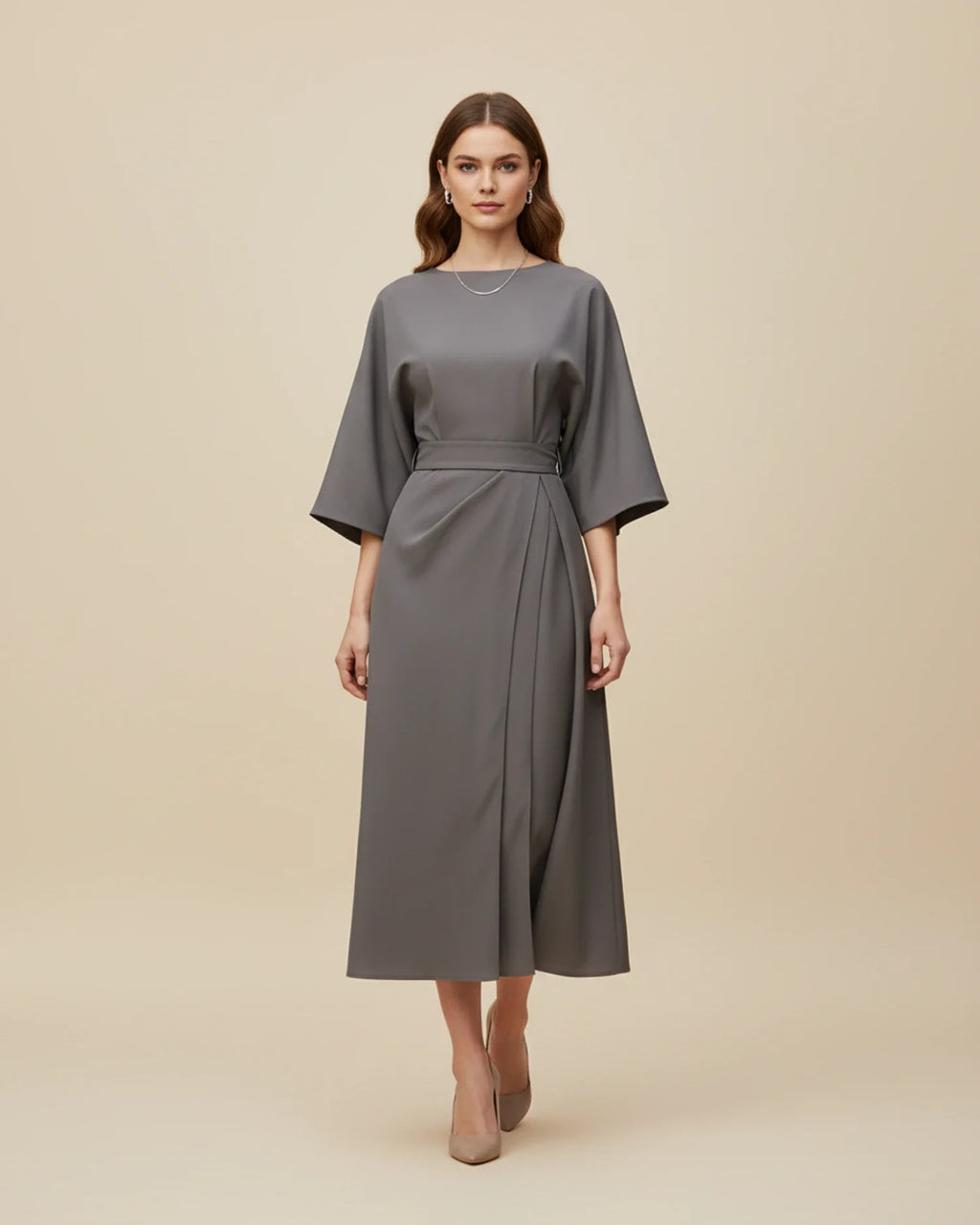 Women's grey lantern sleeve belted wrap midi dress – overlap skirt