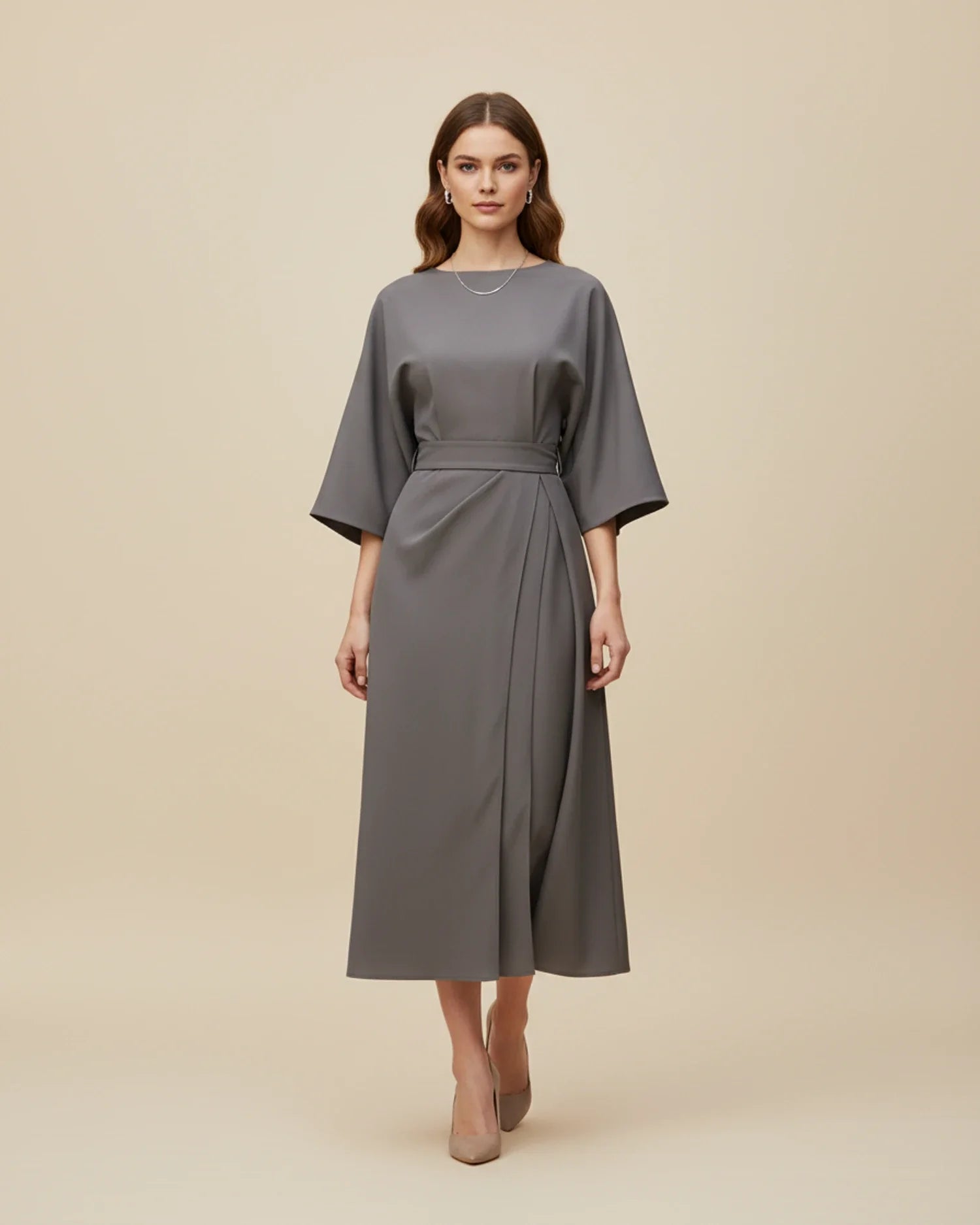 Women's grey lantern sleeve belted wrap midi dress – overlap skirt