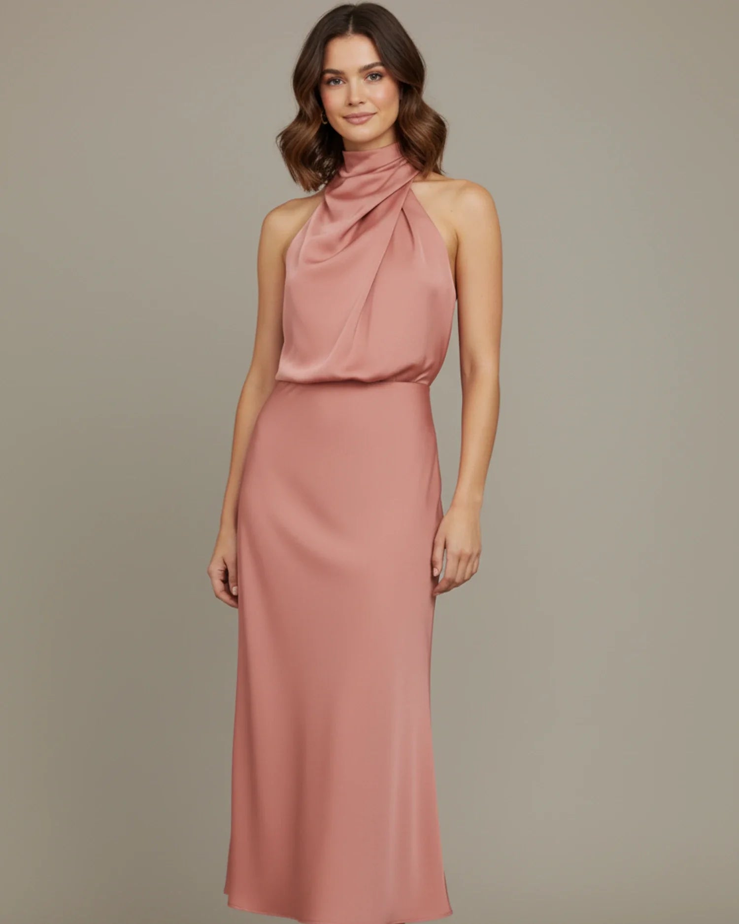 Women's halter slip midi dress, fitted column silhouette detail
