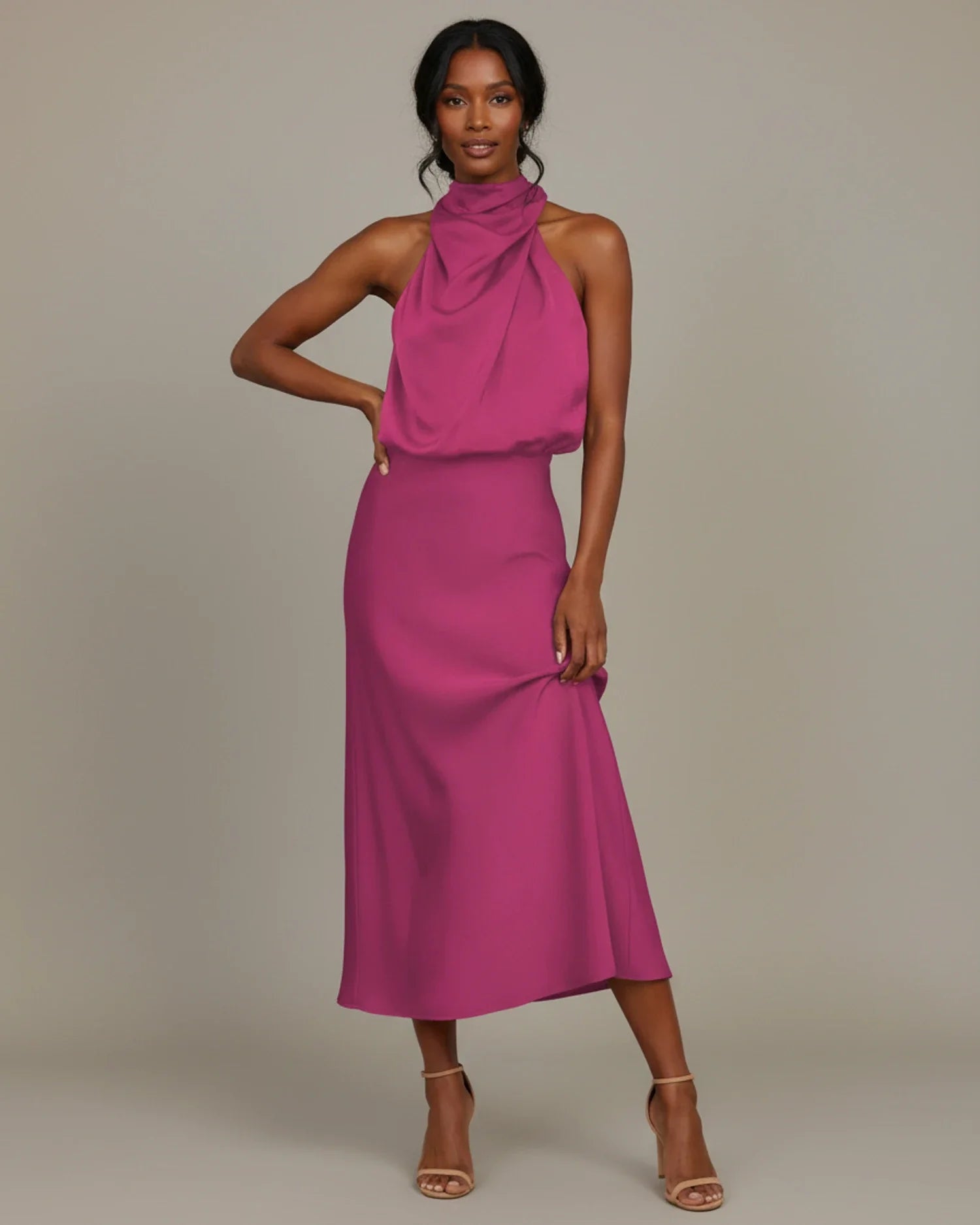 Halter Cowl Neck Slip Midi Dress – Wedding Guest