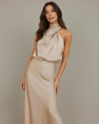 Women's halter cowl neck slip midi dress, full length view