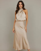 Women's halter cowl neck midi dress, draped neckline detail