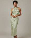Women's halter cowl neck slip midi dress, front view