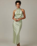 Women's halter cowl neck slip midi dress, front view