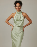 Women's halter cowl neck slip midi dress, side view