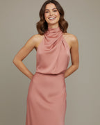 Women's halter cowl neck midi dress, model full length front view