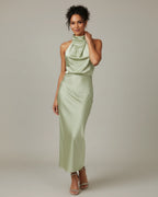 Women's halter cowl neck slip midi dress, back view