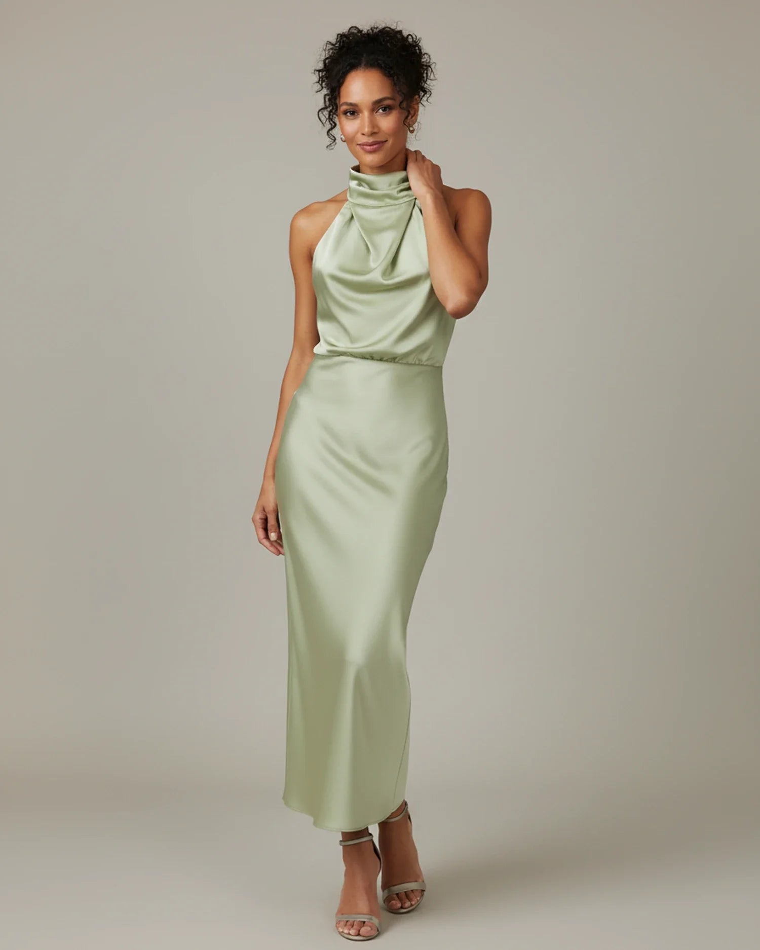 Women's halter cowl neck slip midi dress, back view