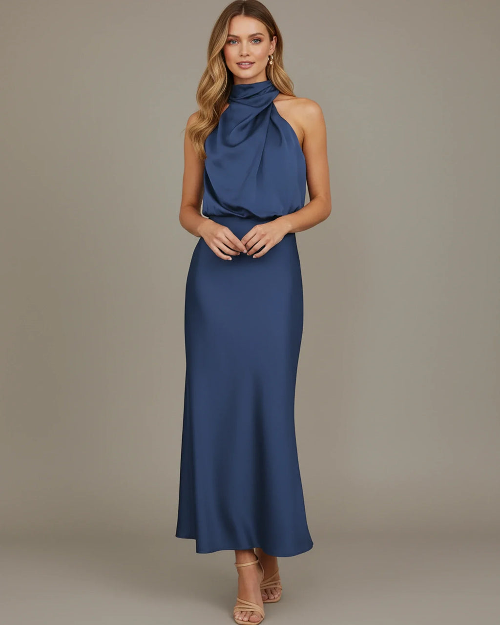 Halter Cowl Neck Slip Midi Dress – Wedding Guest