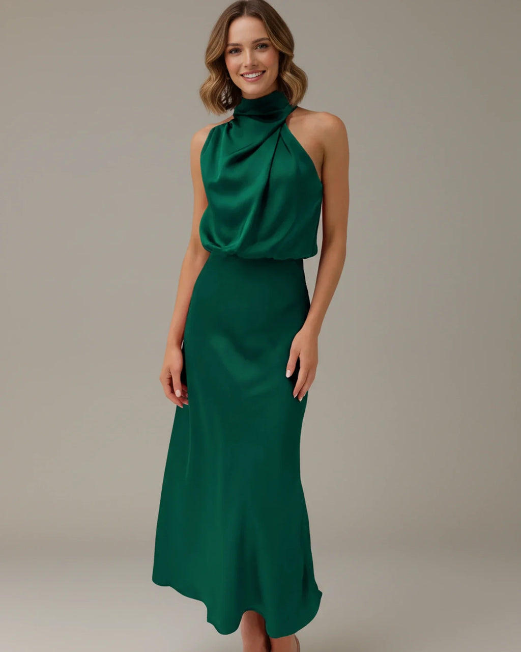Halter Cowl Neck Slip Midi Dress – Wedding Guest