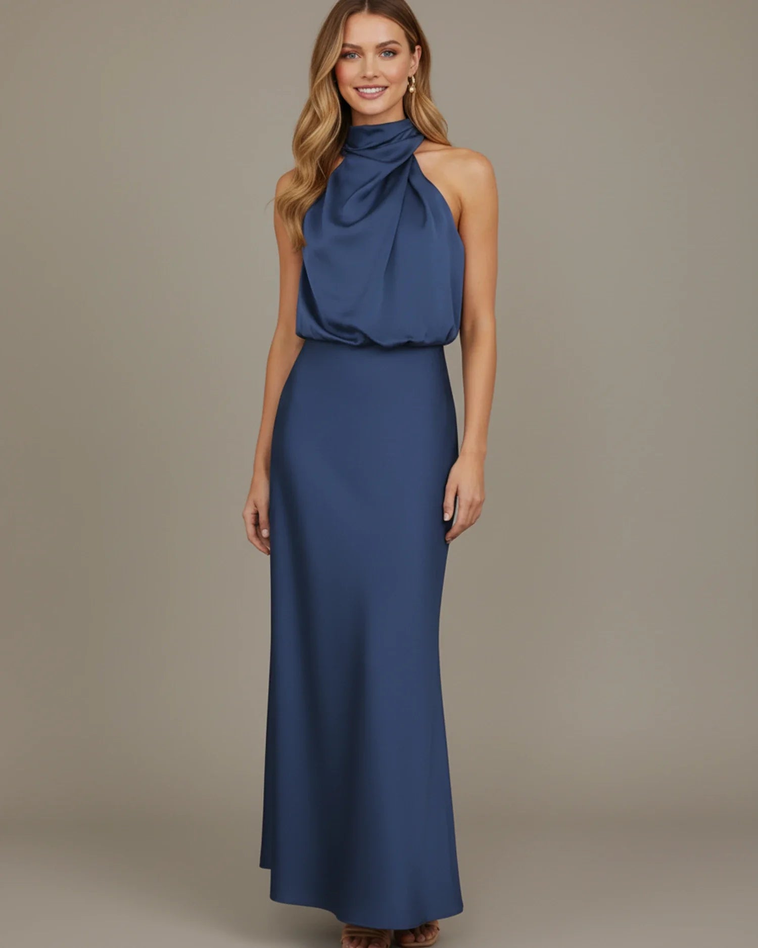 Women's halter cowl neck slip midi dress, fabric and drape detail