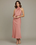 Women's halter cowl neck slip midi dress, styled for a formal event