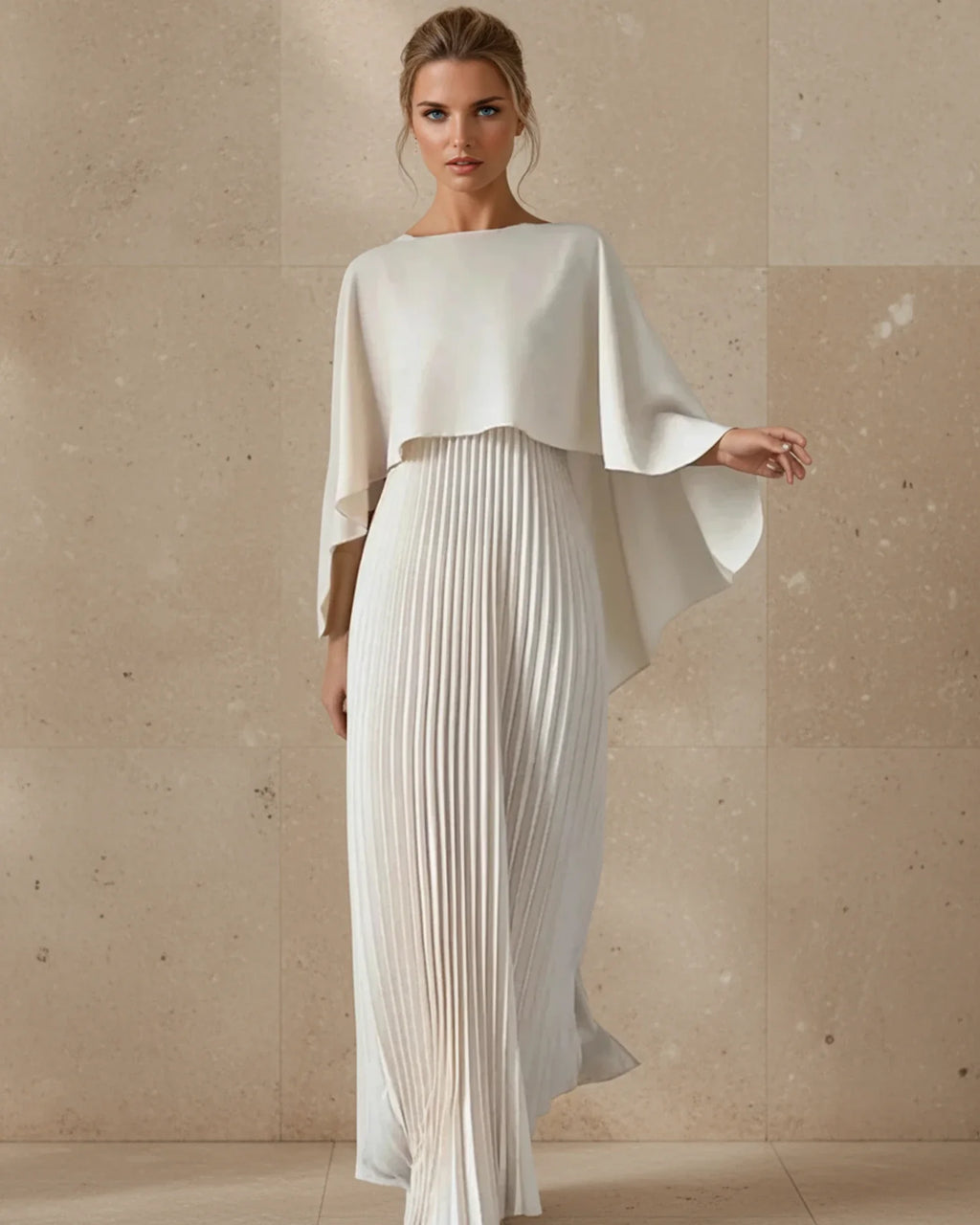Women's pleated cape maxi dress, front view