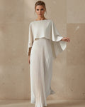 Women's pleated cape maxi dress, front view