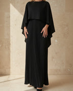 Women's pleated cape maxi dress, full length view