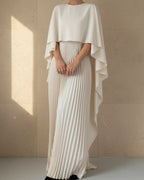 Women's pleated cape maxi dress, side view