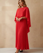 Women's pleated cape maxi dress, cape overlay detail