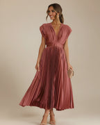 Women's pleated fit and flare midi dress, close up of pleated detail