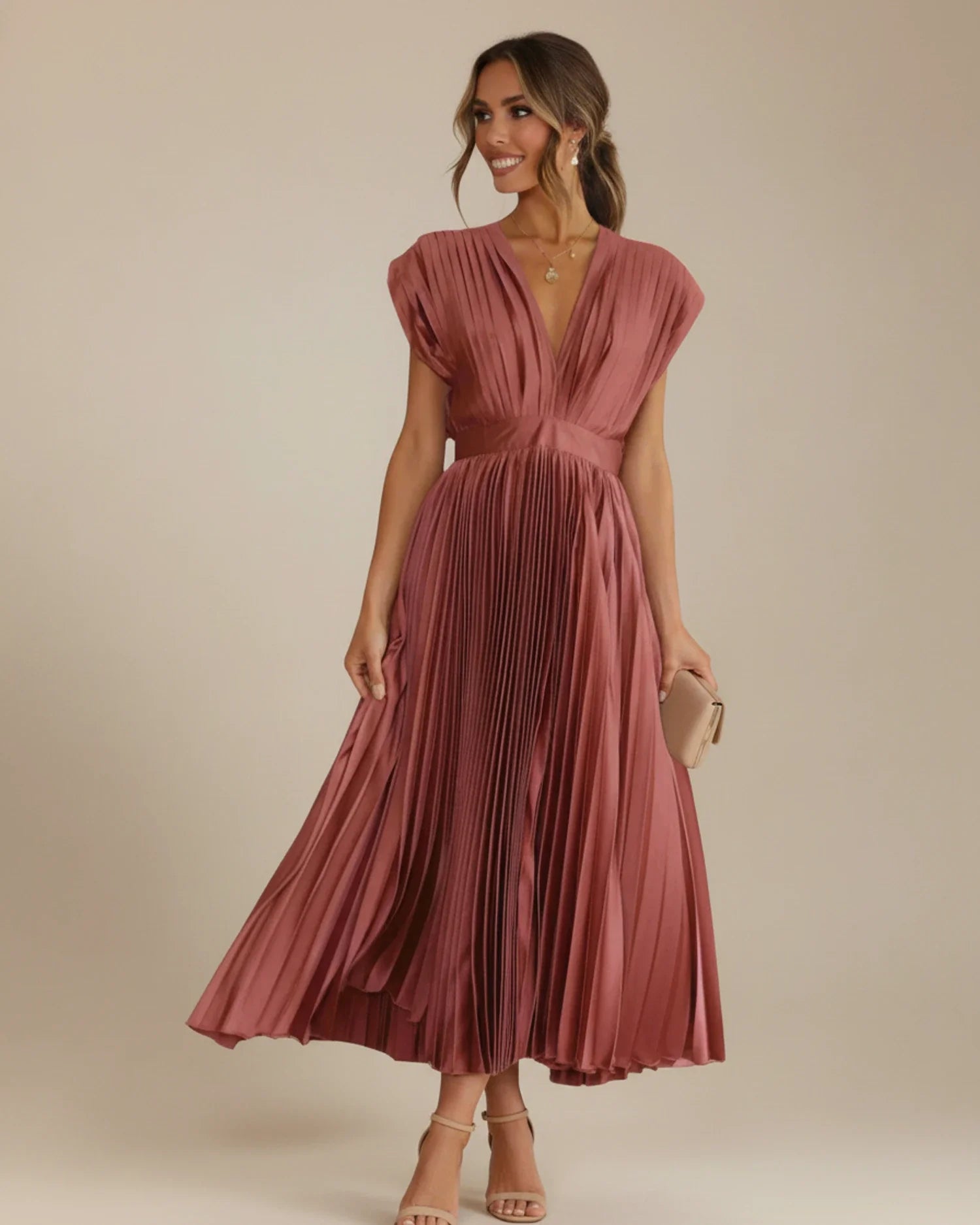 Women's pleated fit and flare midi dress, close up of pleated detail