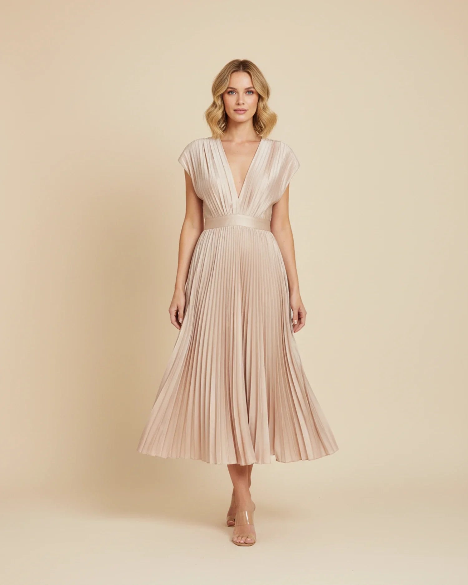 Women's pleated fit and flare midi dress, back view