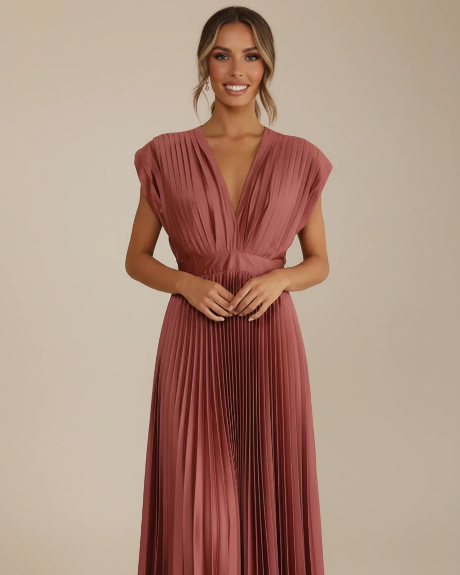 Women's pleated fit and flare midi dress, full length view
