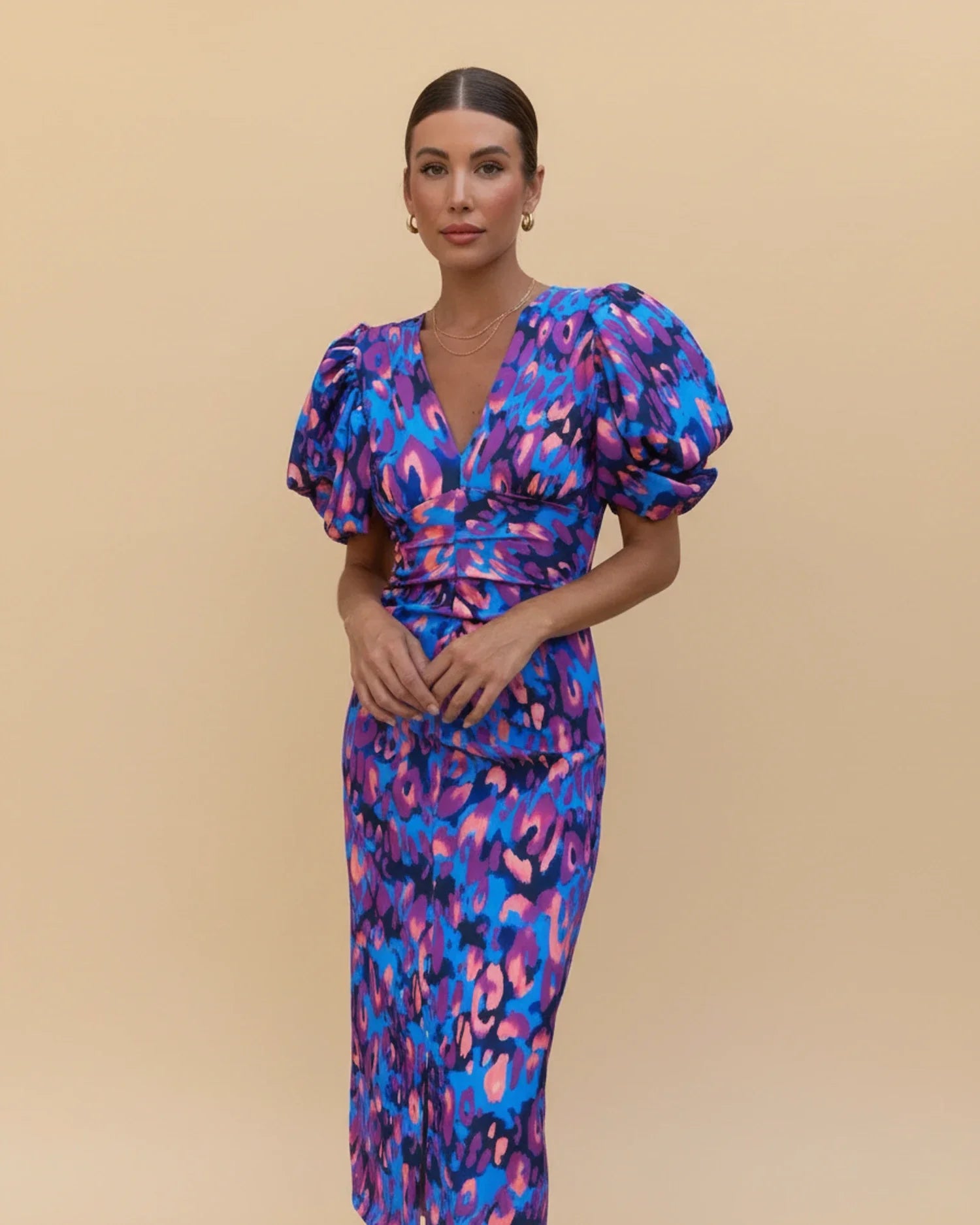 Women's puff sleeve V-neck animal print midi dress, front view