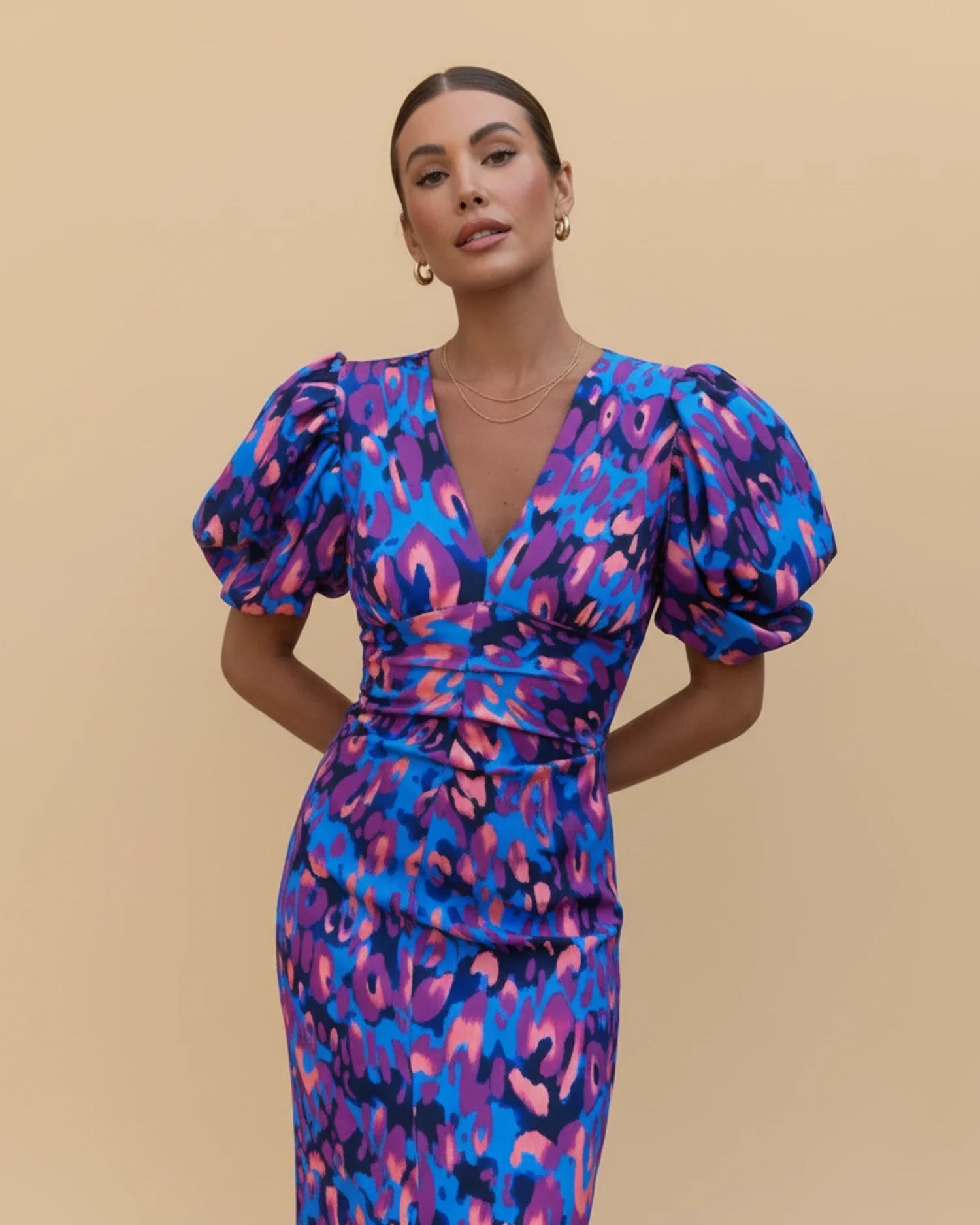 Women's puff sleeve V-neck midi dress, side view